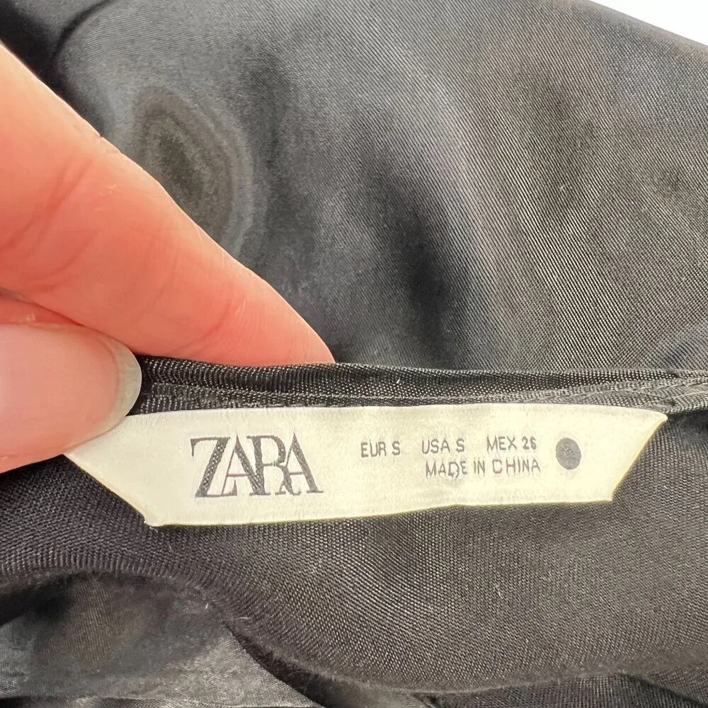 Zara Side Ruched Midi Slip Dress Satin Effect Black Straps Sleek Party Small - Picture 9 of 16